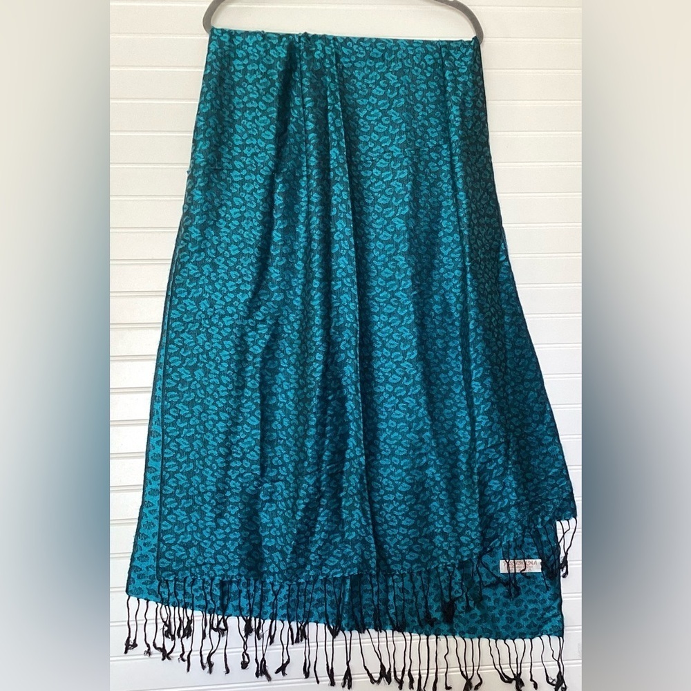 Pashmina & Silk Womens Scarf Shawl Fringed Paisley Blue Black Wrap 27" × 74"